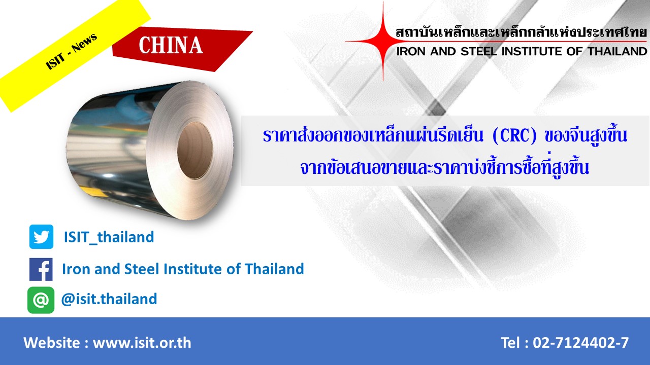 ราคาส่งออกของเหล็กแผ่นรีดเย็น(CRC)ของจีนสูงขึ้นจากข้อเสนอขายและราคาบ่งชี้การซื้อที่สูงขึ้น
