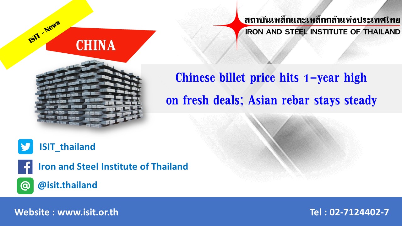 Chinese billet price hits 1-year high on fresh deals; Asian rebar stays steady