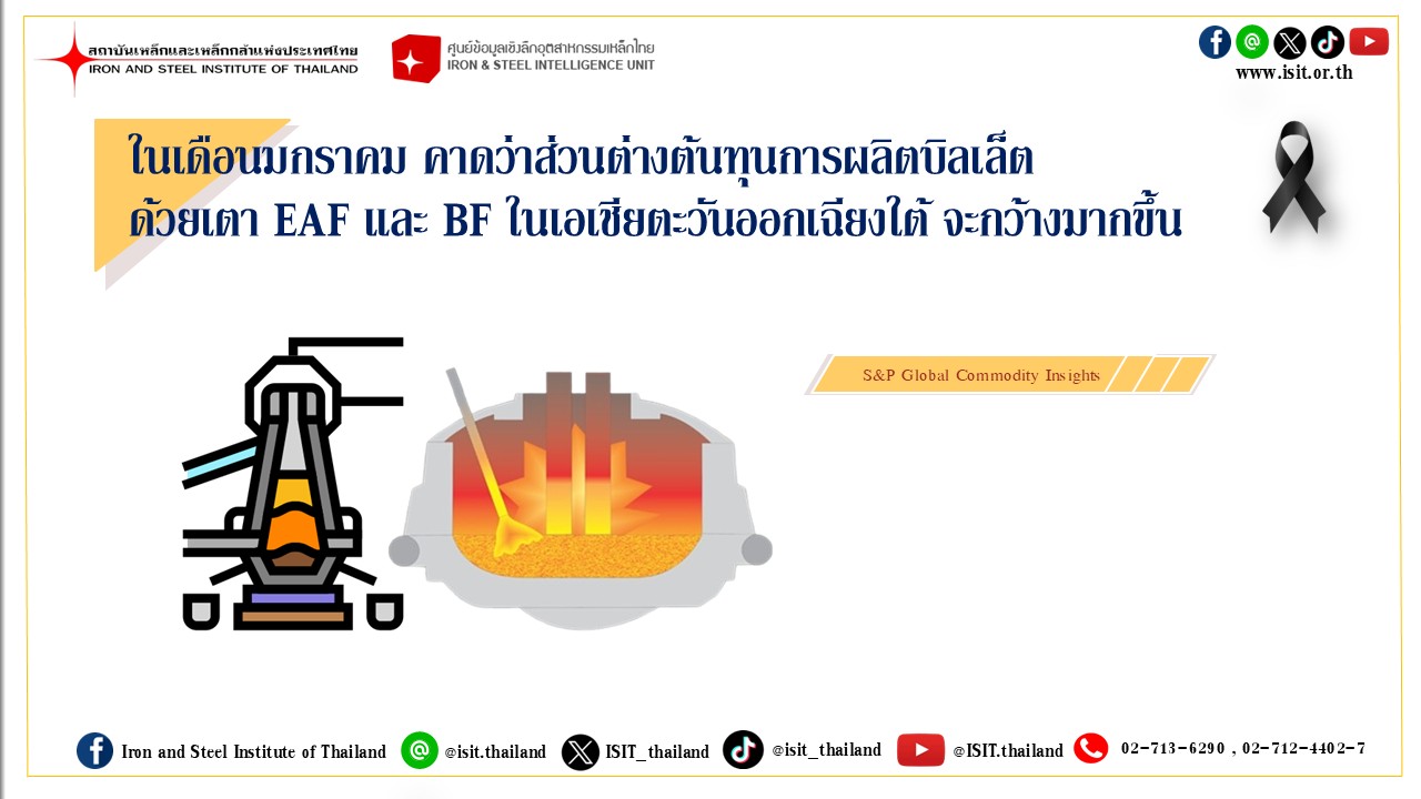 ในเดือนมกราคมคาดว่า ส่วนต่างต้นทุนการผลิตบิลเล็ตด้วยเตา EAF และ BF ในเอเชียตะวันออกเฉียงใต้ จะกว้างมากขึ้น