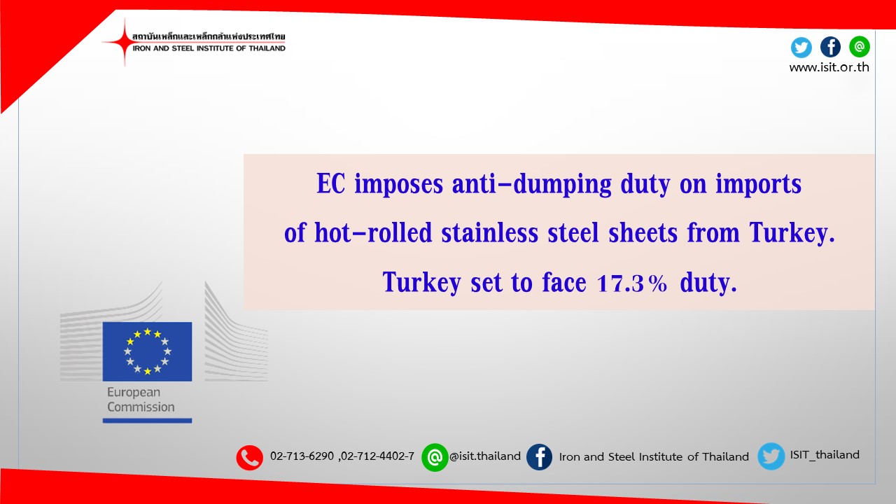 EC imposes anti-dumping duty on imports of hot-rolled stainless steel sheets from Turkey.  Turkey set to face 17.3% duty.