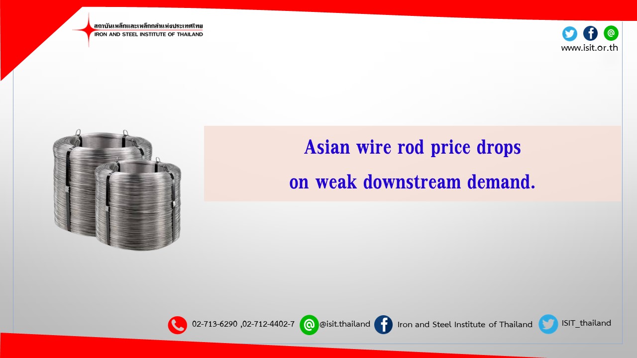 Asian wire rod price drops on weak downstream demand.