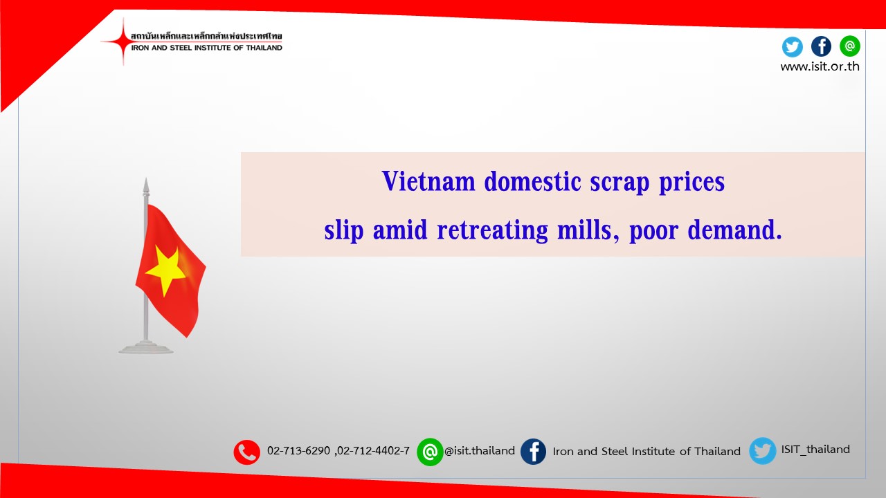 Vietnam domestic scrap prices slip amid retreating mills, poor demand.