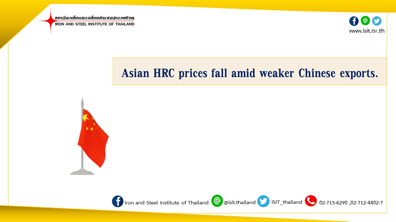 Asian HRC prices fall amid weaker Chinese exports.