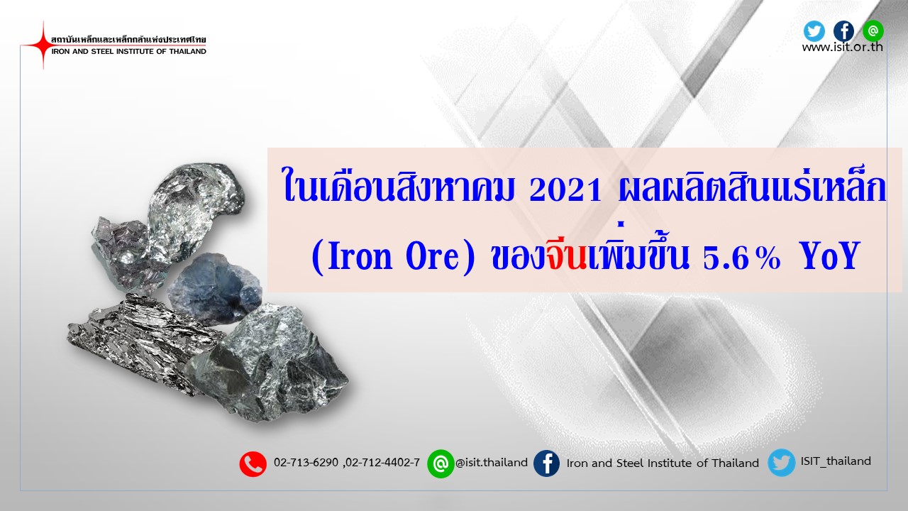 ในเดือนสิงหาคม 2021 ผลผลิตสินแร่เหล็ก (Iron Ore) ของจีนเพิ่มขึ้น 5.6% YoY